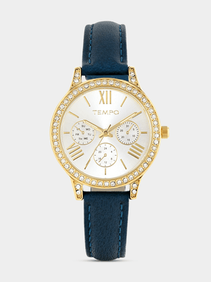 Tempo Gold Plated Silver Tone Dial Green Leather Watch