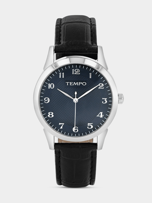 Tempo Silver Plated Blue Dial Black Leather Watch
