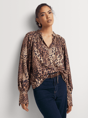 Textured Balloon Sleeve Tunic Blouse