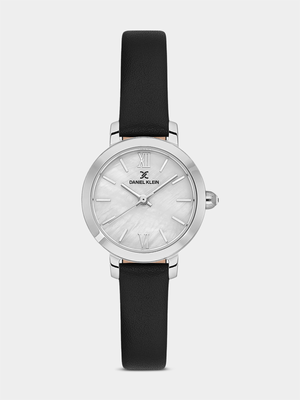 Daniel Klein Silver Plated Mother Of Pearl Dial Black Leather Watch