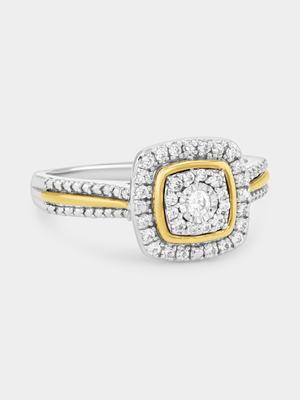 Sterling Silver & 9ct Yellow Gold 0.25ct Lab Grown Diamond Cushion Double Halo Ring