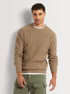 Markham Men's Cable Crew Taupe Knitwear