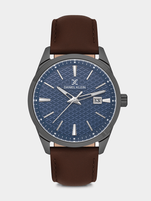 Daniel Klein Gunmetal Plated Blue Dial Brown Leather Watch