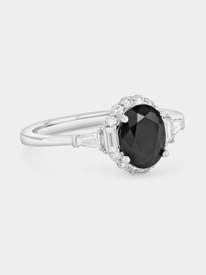 Sterling Silver Black Spinel & 0.35ct Lab Grown Diamond Oval Halo Ring