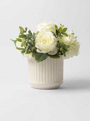 Faux Peony & Rose Bouquet In Ceramic Pot