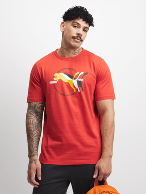 Puma Mens Multiple Logo Graphic Fire Red Tee