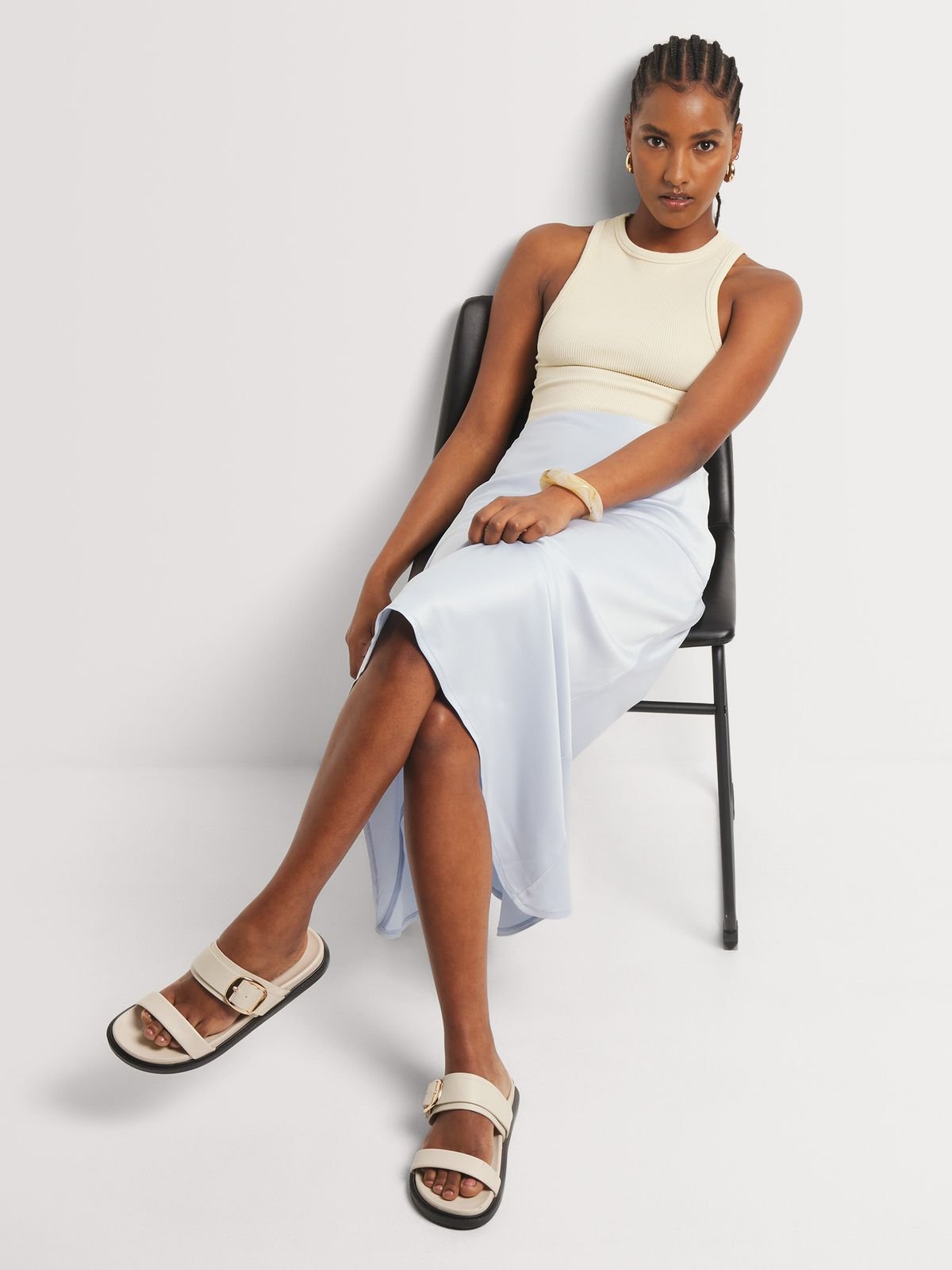 Privé Solid Button Front Satin Shirt & Bias Cut Skirt Without Belt