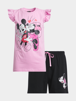 Jet Younger Girls Pink/Black  Mickey & Minnie Pyjama Set