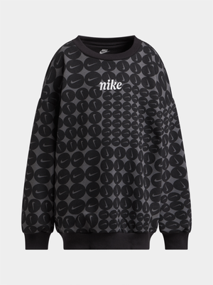Nike Girls Kids Essentials All Over Print Black Crew Sweat Top