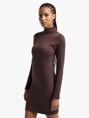 Women's Chocolate Brown Seamless Turtle Neck Dress