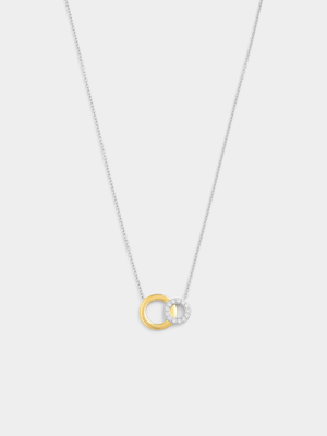 Gold Plated Sterling Silver Cubic Zirconia Two-Tone Double Circle Pendant