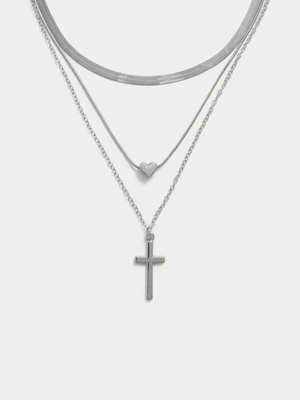 Multilayered Cross With Heart Necklace