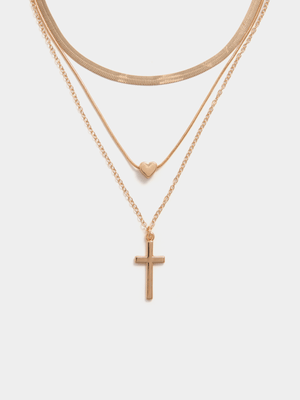 Multilayered Cross With Heart Necklace