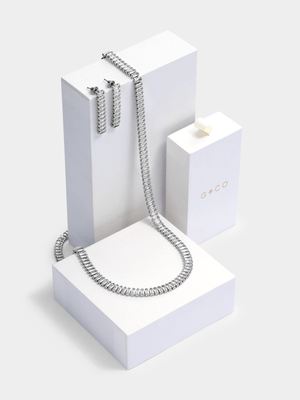Rhodium Plated Cubic Zirconia Baguette Necklace & Drop Earrings Set