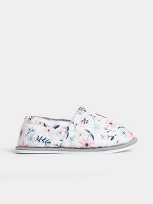 Exact Older Girl's White Floral Print Slippers