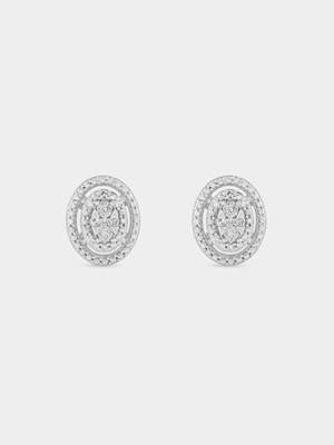 Sterling Silver Lab Grown Diamond Oval Double Halo Stud Earrings
