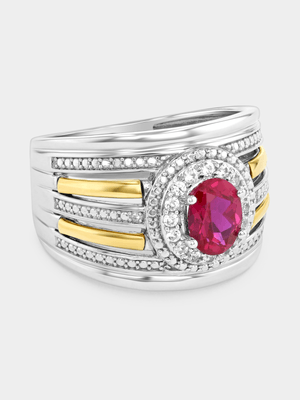 Yellow Gold & Sterling Silver Garnet & White Sapphire Oval Halo Ring