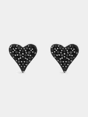 Sterling Silver Black Cubic Zirconia Pavé Heart Stud Earrings