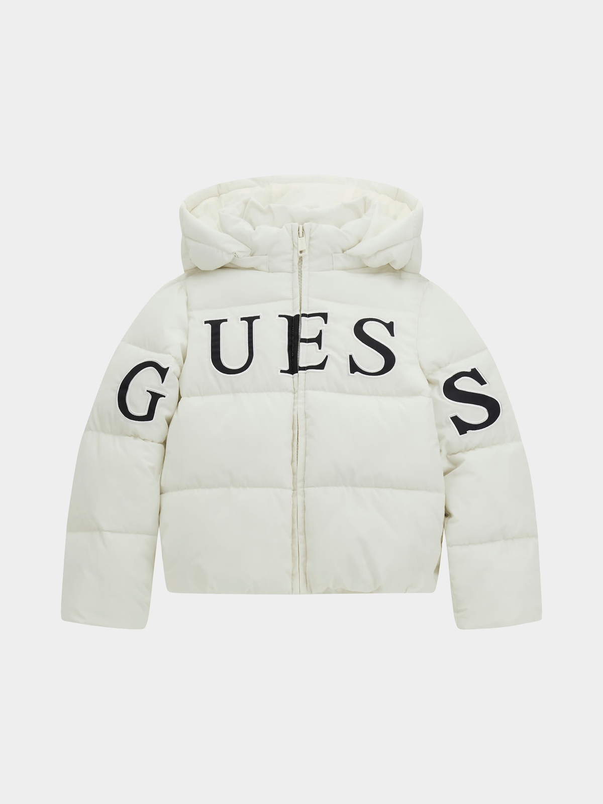 Junior Girl Guess Cream Hooded Long Sleeve Padded Puffer Bash - Main Image