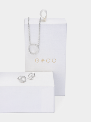 Rhodium Plated Cubic Zirconia Circle Pendant & Stud Earrings Set