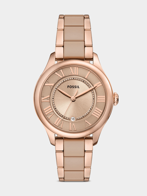 Fossil Gilmore Rose Plated Brown Ceramic Bracelet Watch