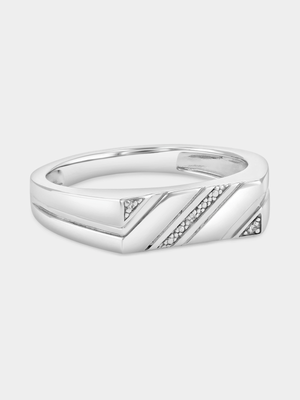 Sterling Silver Diamond Rectangle Flat Top Diagonal Rows Ring