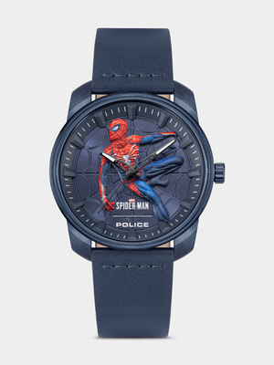 Police Spidey-Sense 3D Logo Limited Edition Blue Plated Stainless Steel Leather Watch