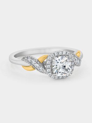 Yellow Gold & Sterling Silver Cubic Zirconia Cushion-Cut Halo Infinity Ring