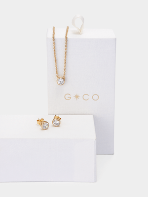 14ct Gold Plated Cubic Zirconia Tube Pendant & Stud Earrings Set