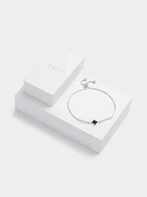 Rhodium Plated Cubic Zirconia Black Clover Slider Bracelet