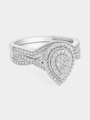 Sterling Silver Lab Grown Diamond Pear Double Halo Twinset Ring