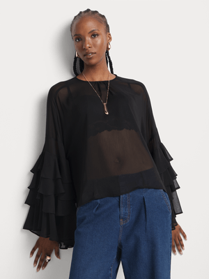 Sheer Textured Frill Sleeve Blouse