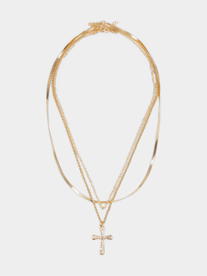 Men's Markham Chain And Crystal Cross  Pendant Gold Set Necklace