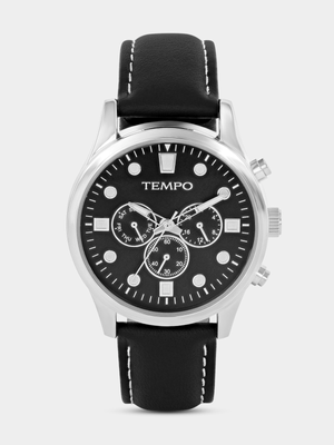 Tempo Silver Plated Black Dial Black Leather Watch