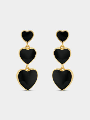 Gold Plated Sterling Silver Black Enamel Heart Drop Earrings
