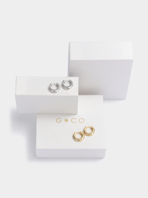 14ct Gold & Rhodium Plated Hoop Earrings 2-Pack Set