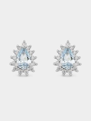 Sterling Silver Aquamarine Cubic Zirconia Pear Halo Stud Earrings