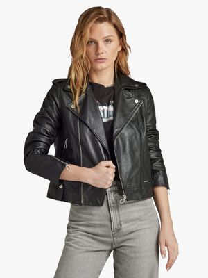 G-Star Women's Leather Biker Dark Black Jacket