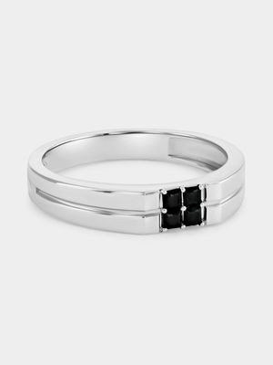 Sterling Silver Black Spinel Quartet Square Centre Groove Ring