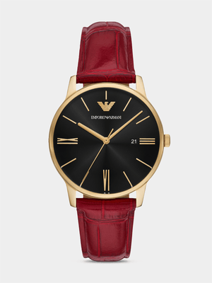 Emporio Armani Black Dial Gold Plated Stainless Steel Red Crocodile-Patterned Leather Watch