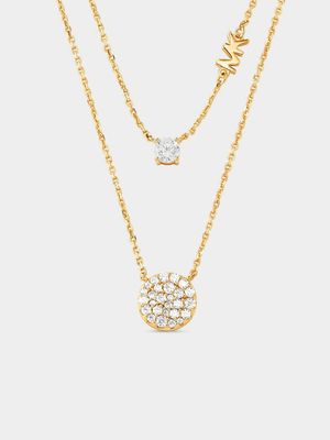 Michael Kors Kors Brilliance Collection Gold Plated Sterling Silver Double Layered Pavé Disk Necklace