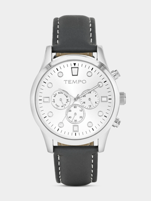 Tempo Silver Plated Silver Tone Dial Grey Leather Watch