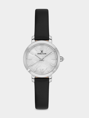 Daniel Klein Silver Plated Mother Of Pearl Dial Black Leather Watch