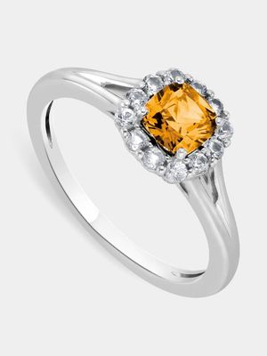 Sterling Silver Diamond & Citrine Cushion Halo Ring