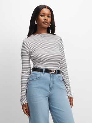 Exact Women's Black & White Striped Boat Neck Top