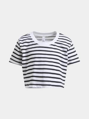 Exact Younger Girl's Black & White Striped Boxy T-Shirt
