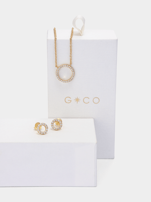 14ct Gold Plated Cubic Zirconia Circle Pendant & Stud Earrings Set