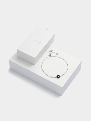 Rhodium Plated Cubic Zirconia Black Enamel Slider Bracelet