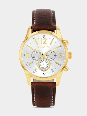 Tempo Gold Plated Silver Tone Dial Brown Leather Watch