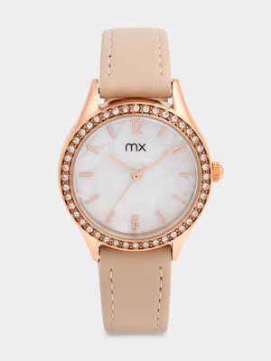 MX Rose Plated Mother Of Pearl Dial Tan Faux Leather Watch